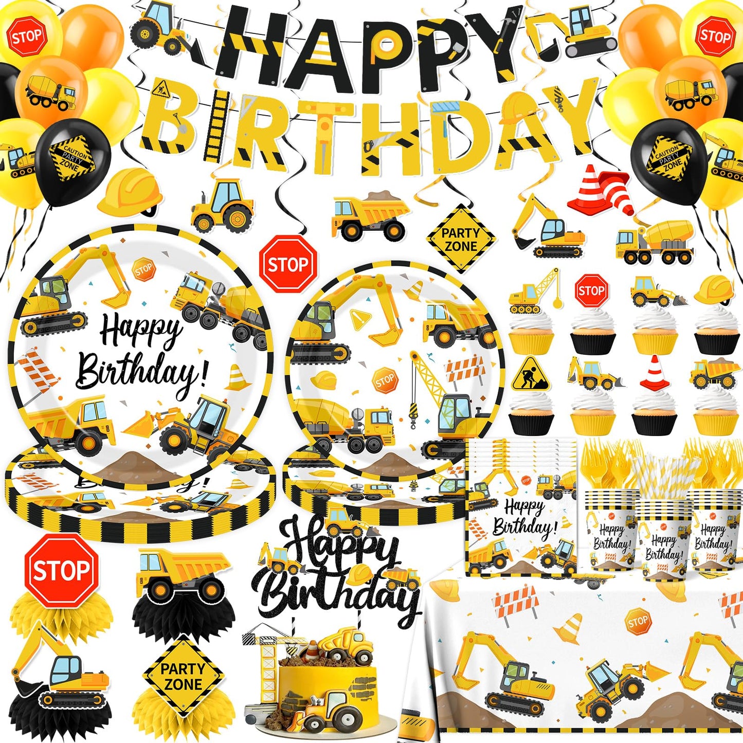 Construction Birthday Decorations,245PCS Construction Birthday Party Supplies-Includes Plates