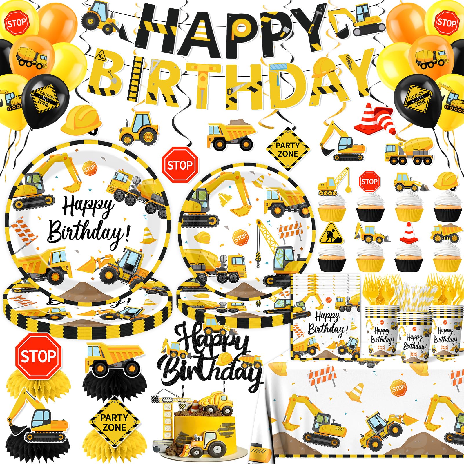 Construction Birthday Decorations,245PCS Construction Birthday Party Supplies-Includes Plates