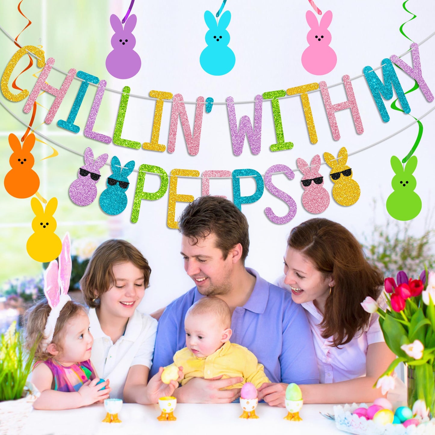 Glitter Chillin with My Peeps Banner with Bunny Hanging Swirls - NO DIY - Easter Party Decorations