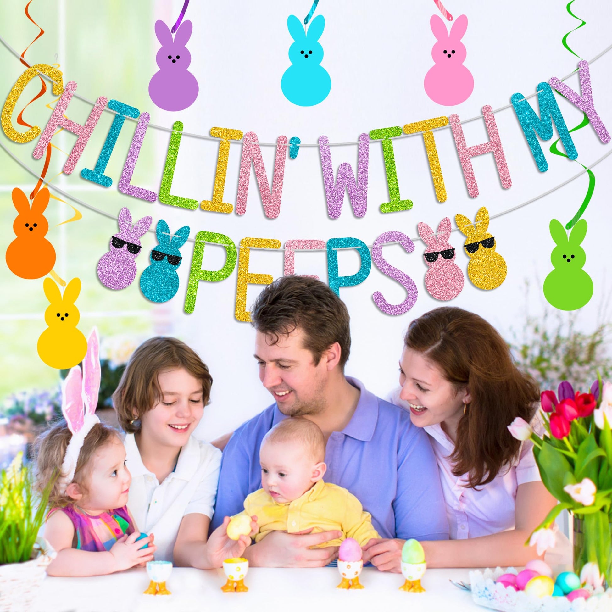 Glitter Chillin with My Peeps Banner with Bunny Hanging Swirls - NO DIY - Easter Party Decorations