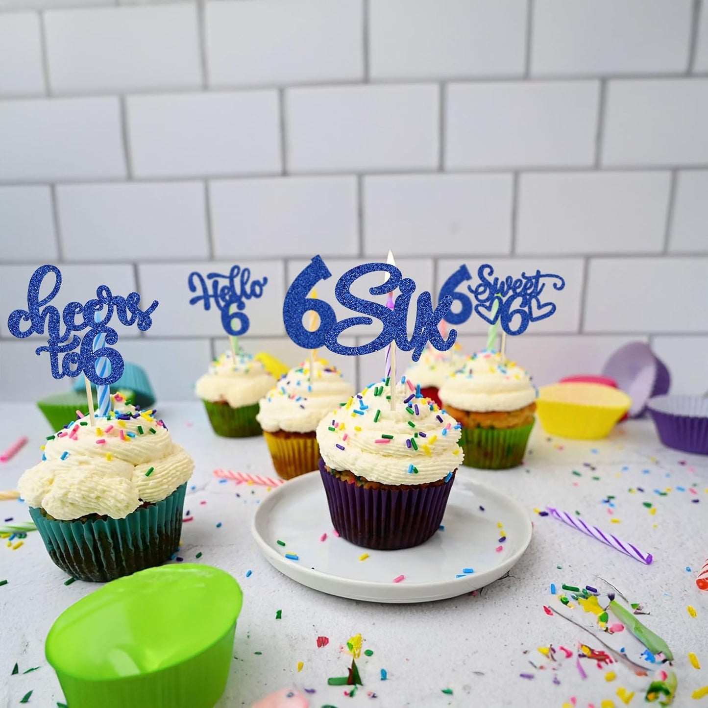 30Pcs 6th Birthday Cupcake Toppers Glitter Six Hello 6 Cupcake Picks Cheers to 6 Years Old Cake Decorations for 6th Birthday Party Supplies Deep Blue