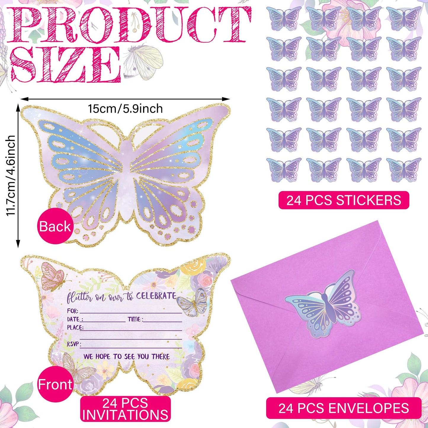 Hotop 24Sets Butterfly Birthday Invitation with Envelope & Sticker for Girl
