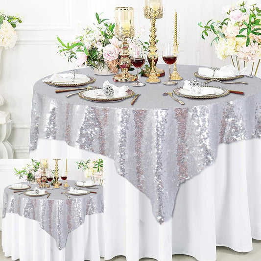 ShinyBeauty 2 Pack 72x72 Inch Silver Sequin Tablecloths - Elegant Square Glitter Tablecloth for Wedding, Birthday, and Party Decorations
