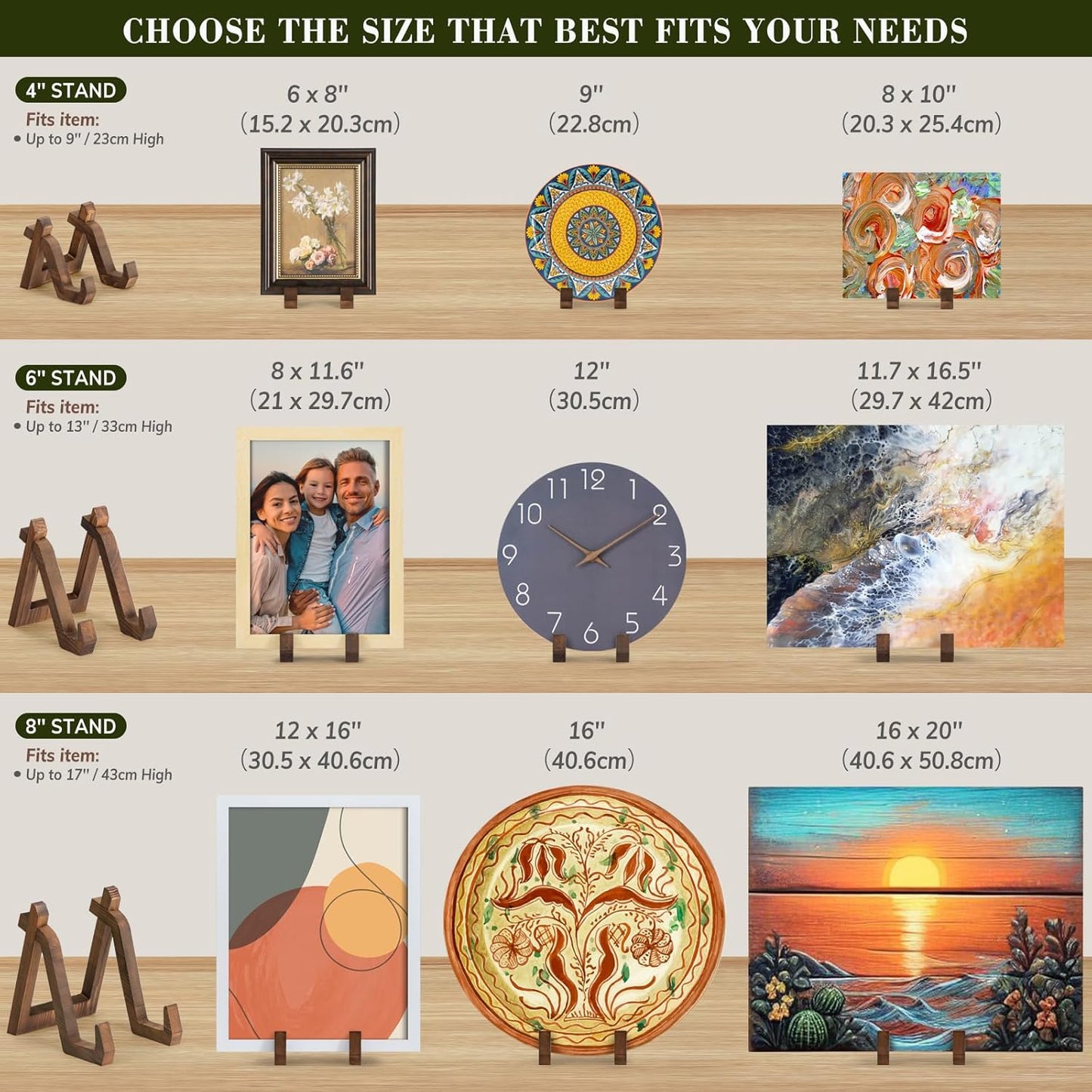 Plate Display Stand, 3 Pack 6 Inch Plate Holder for Displaying, Decorative Picture Frame Dish Photo Plaque Platter Wood Stand