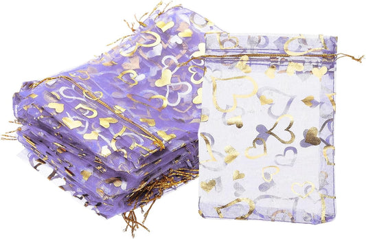 PATIKIL 100 Pcs 4x6 Inch Heart Printed Organza Bags, Purple Sheer Heart Organza Bags with Drawstring for Christmas Candy Jewelry Party Wedding Favor Gift