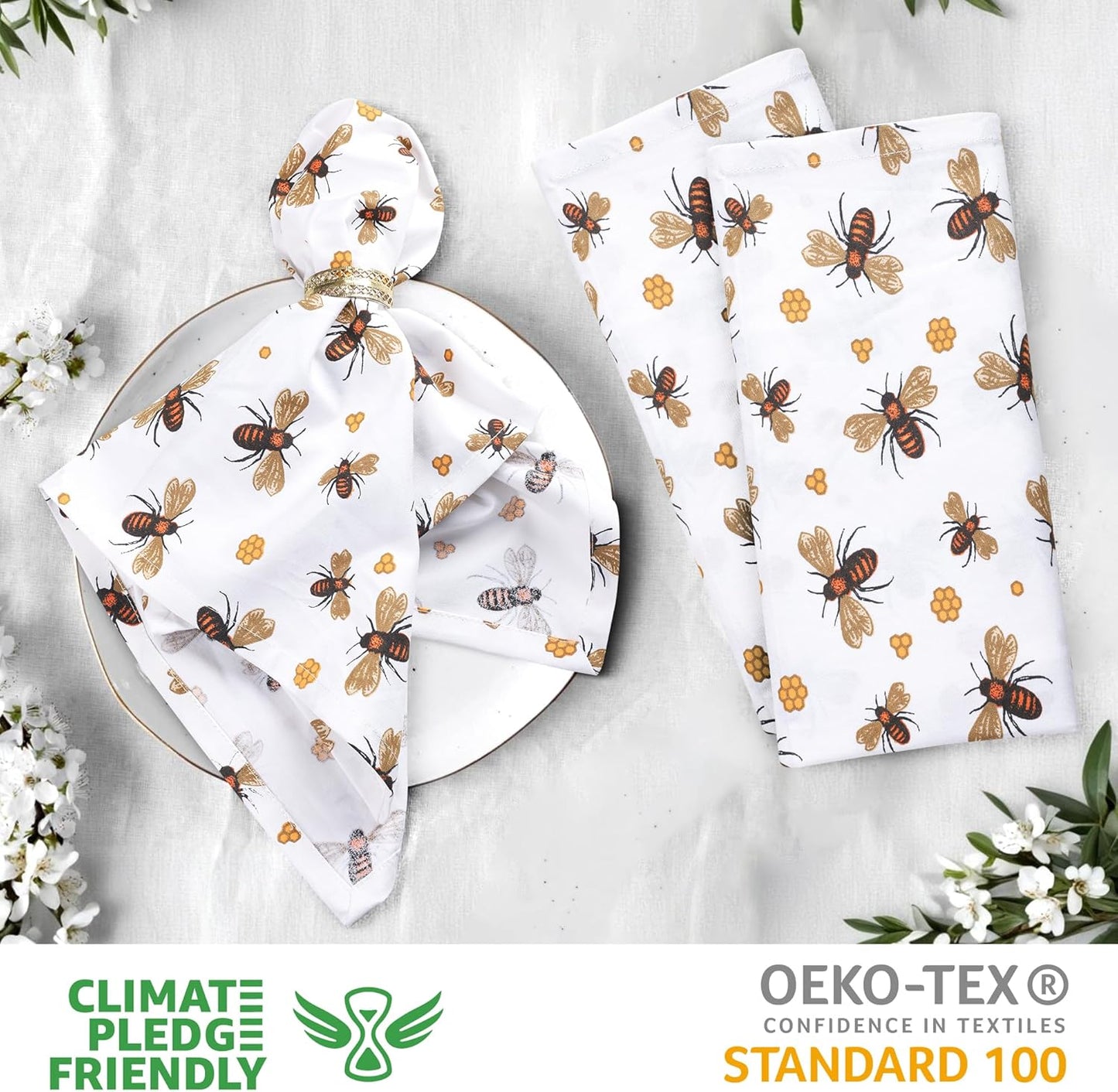 Urban Villa Dinner Napkins Honey Bee Print Cloth Napkins (Set of 12) Oversized 20x20 Inches 100% Cotton Premium Quality Soft Durable with Mitered Corners Reusable Washable Everyday Use Parties Napkins