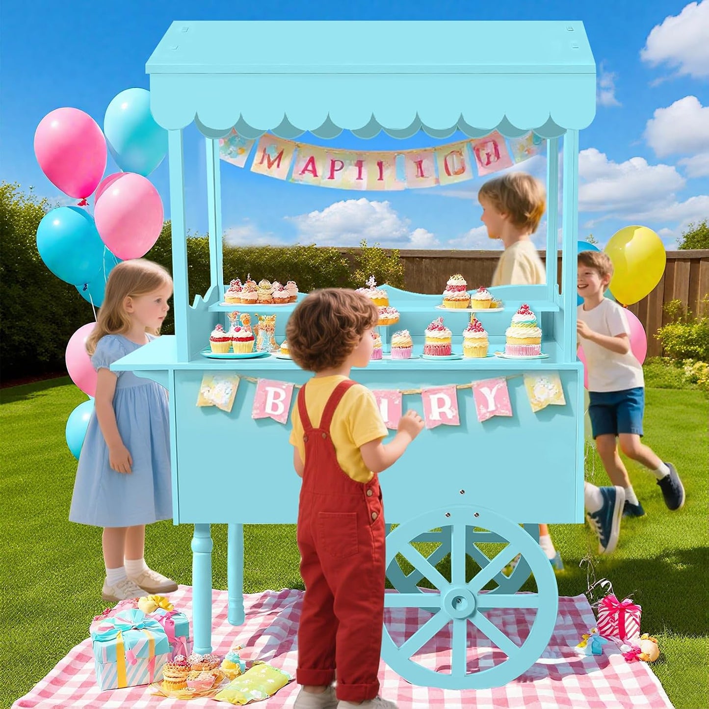 7FT Candy Cart Display Stand with Decorated Wheels, Dessert and Party Decoration Cart with 100 Ballons, Easy to Install Vintage for Parties, Birthdays, Weddings, (blue)