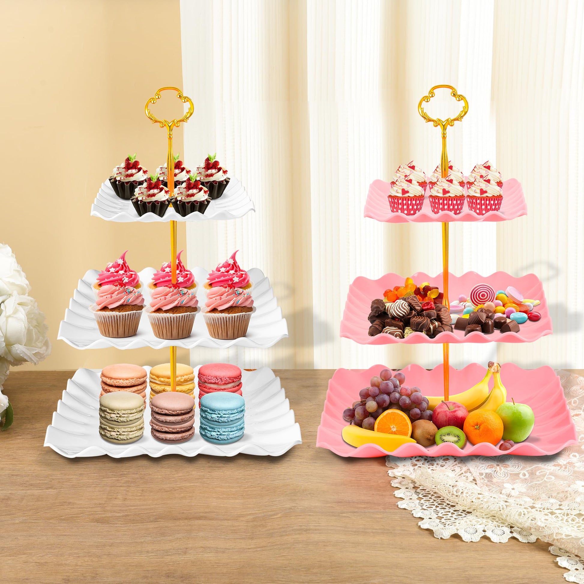 10 Pack Dessert Table Display Set, 4 Three-Tier Square Cupcake Stands and 6 Serving Trays for
