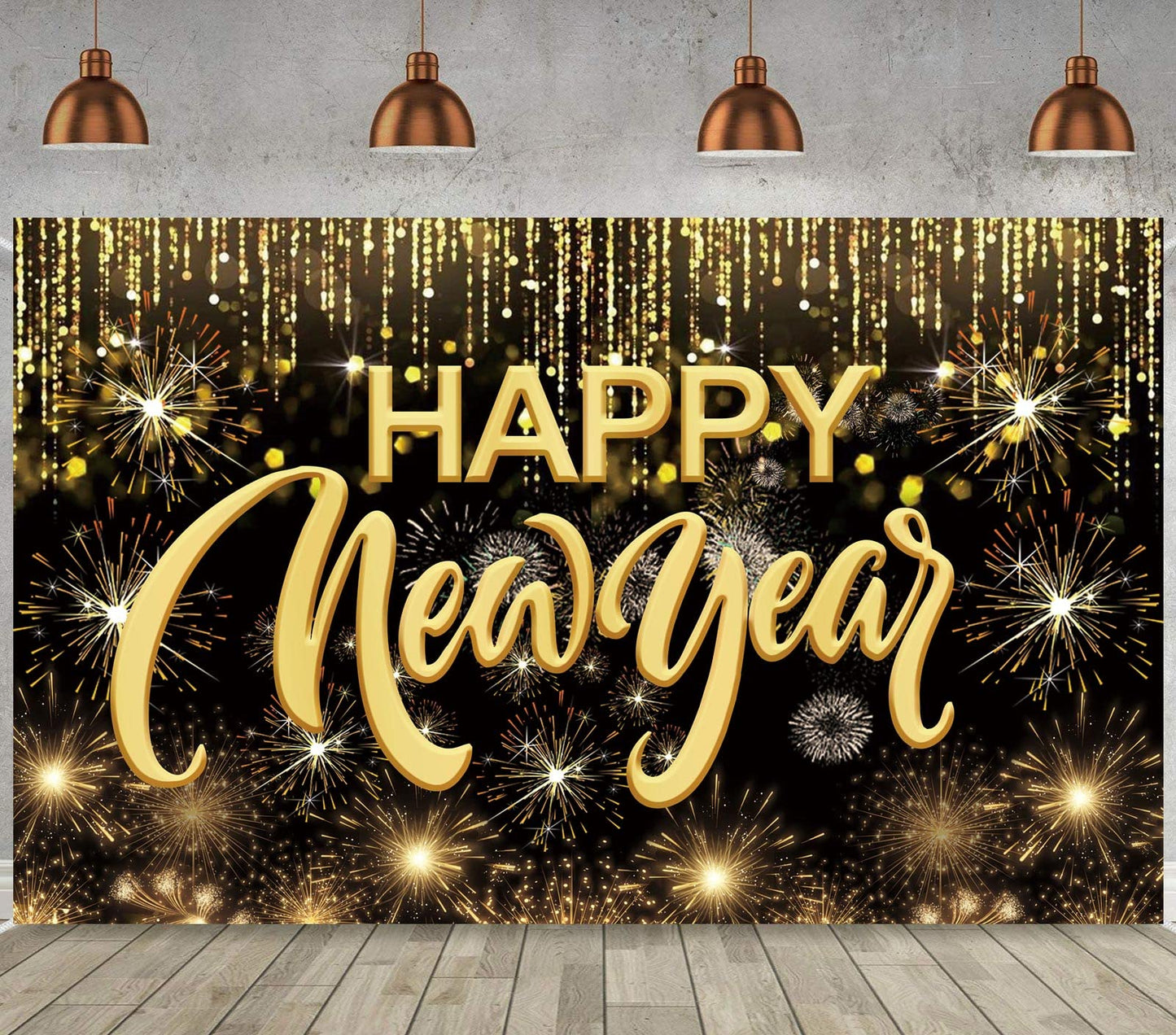 Happy New Year Hanging Extra Large Fabric Sign Poster Background Banner with Firework Pattern for