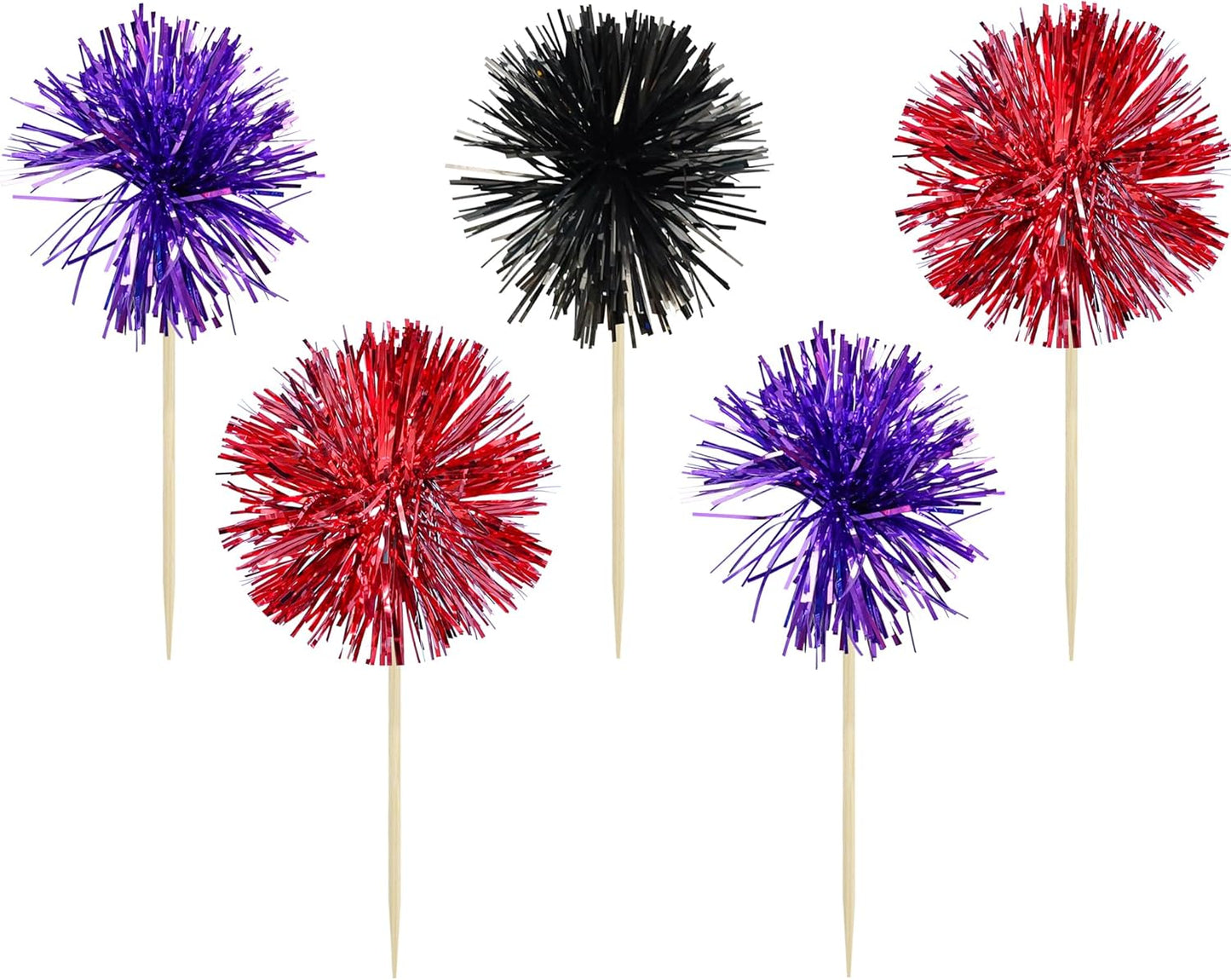 Gyufise 30Pcs Foil Firework Cupcake Toppers Sparkle Tinsel Cake Toppers Tinsel Drink Cake Decoration Cocktail Picks for Halloween Birthday Wedding Graduation Party Supplies Purple Black Red