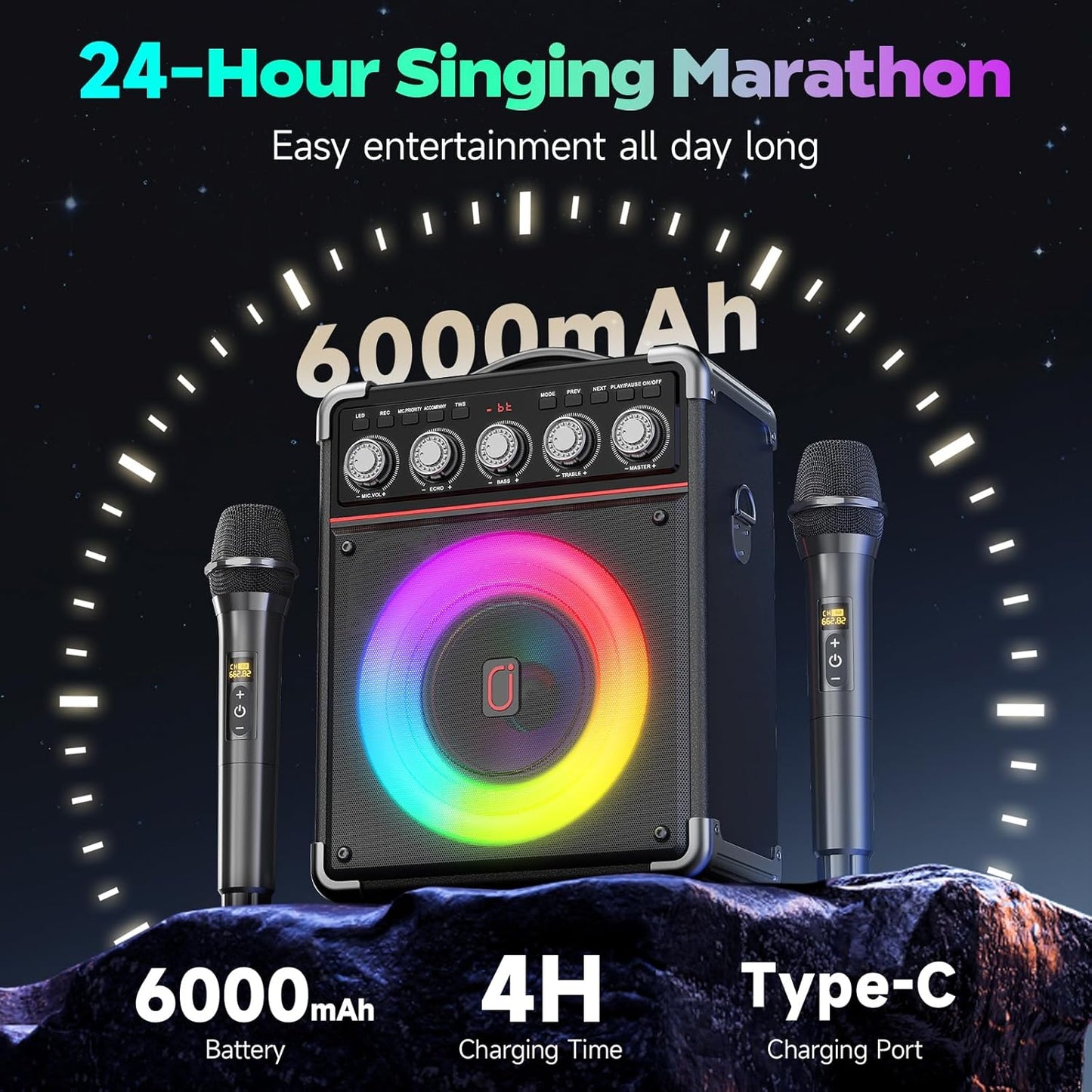 Karaoke Machine with 2 Wireless Mics for Adults Kids | Bluetooth 5.3 Speaker with Bass/Treble/Echo Adjustment | PA System with Disco Lights & Remote Control, Supports TV/TF Card/USB/AUX/Live