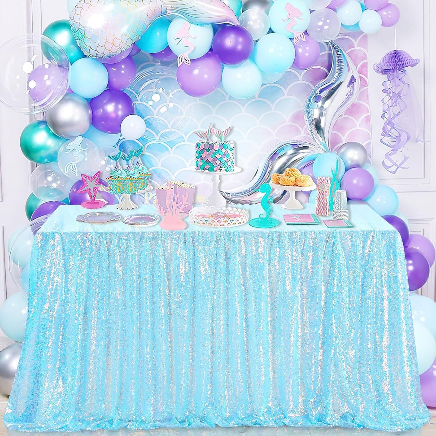 QueenDream Iridescent Tablecloth Blue Sequin Table Cloth Overlay Glitter Mermaid Birthday Party Decorations 90x132 Inches