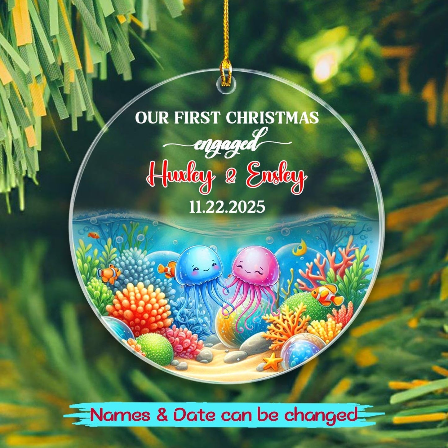 Personalized Our First Christmas Engaged Ornament Gift, Customized Date/Names Jellyfish Mr & Mrs Engaged Xmas Ornaments, Couple Jellyfish Together Christmas Ornament Gift for Engagement Anniversary