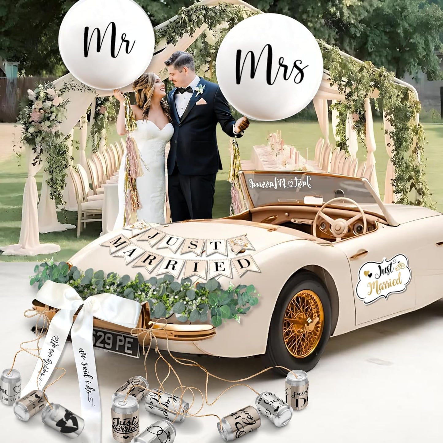 33 Pc Just Married Car Decorations – Wedding Reception & Ceremony Decor – Banners, Stickers & Balloons – Elegant Reusable Wedding Car Kit – Weather-Resistant & Easy to Apply – No Residue