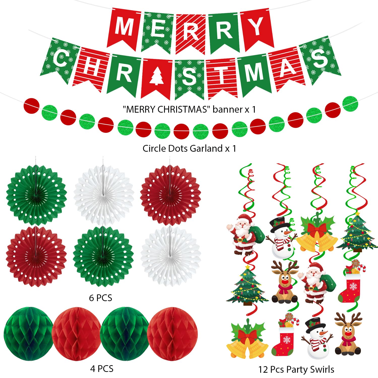 25pcs Christmas Party Decorations Merry Christmas Banner Paper Fan Garlands String Circle Dot