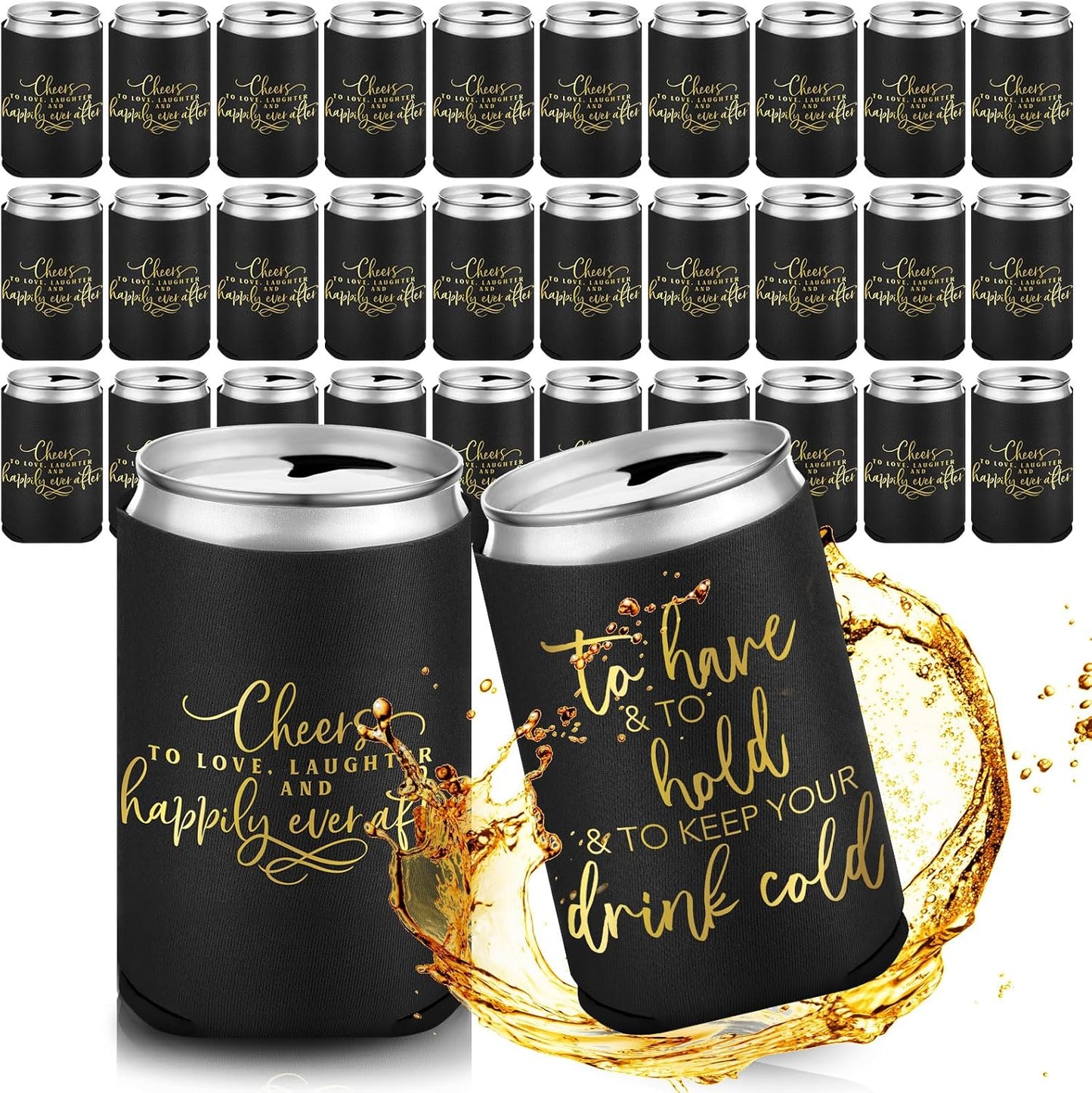 50 Pieces Black Wedding Can Cooler Sleeves Bulk Engagement Party Favors for Guests Cheers to Love Laughter Happily Ever After Rehearsal Dinner Decorations for Wedding Bridal Party