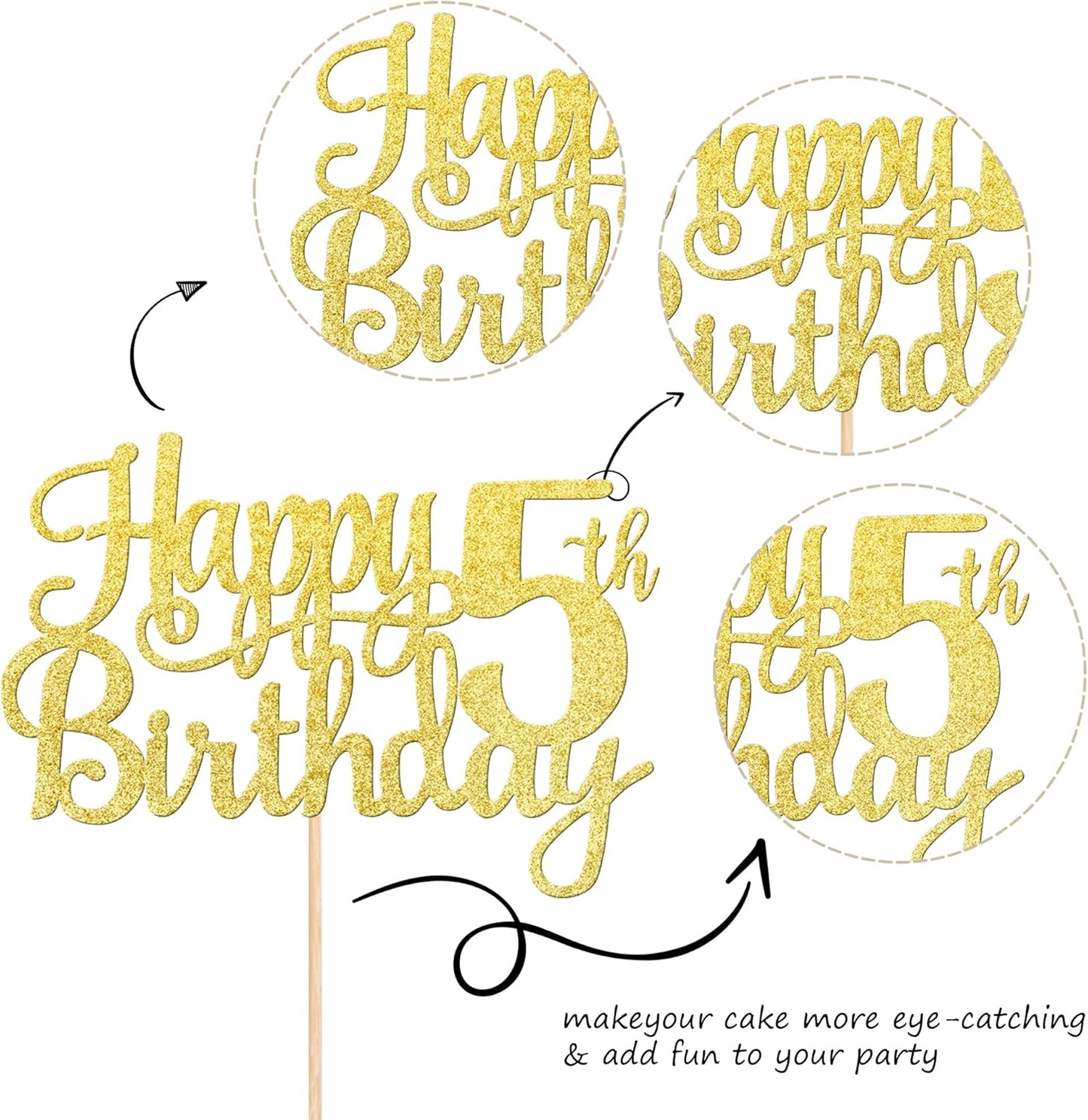 1 PCS Happy 5th Birthday Cake Topper - Gold Glitter Cheers to 5 Years - Fabulous Cake Decoration for 5th Birthday Theme Party