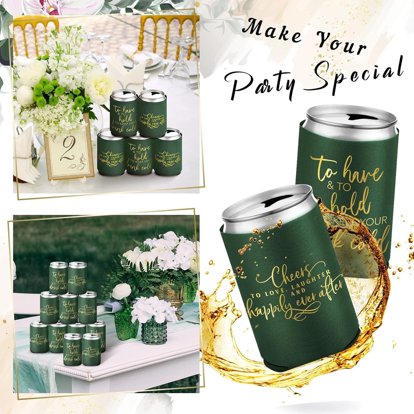 50 Pieces Wedding Can Cooler Bulk Engagement Party Favors for Guests Cheers to Love Laughter and Happily Ever After Rehearsal Dinner Decorations for Wedding Bridal(Army Green,Cute)