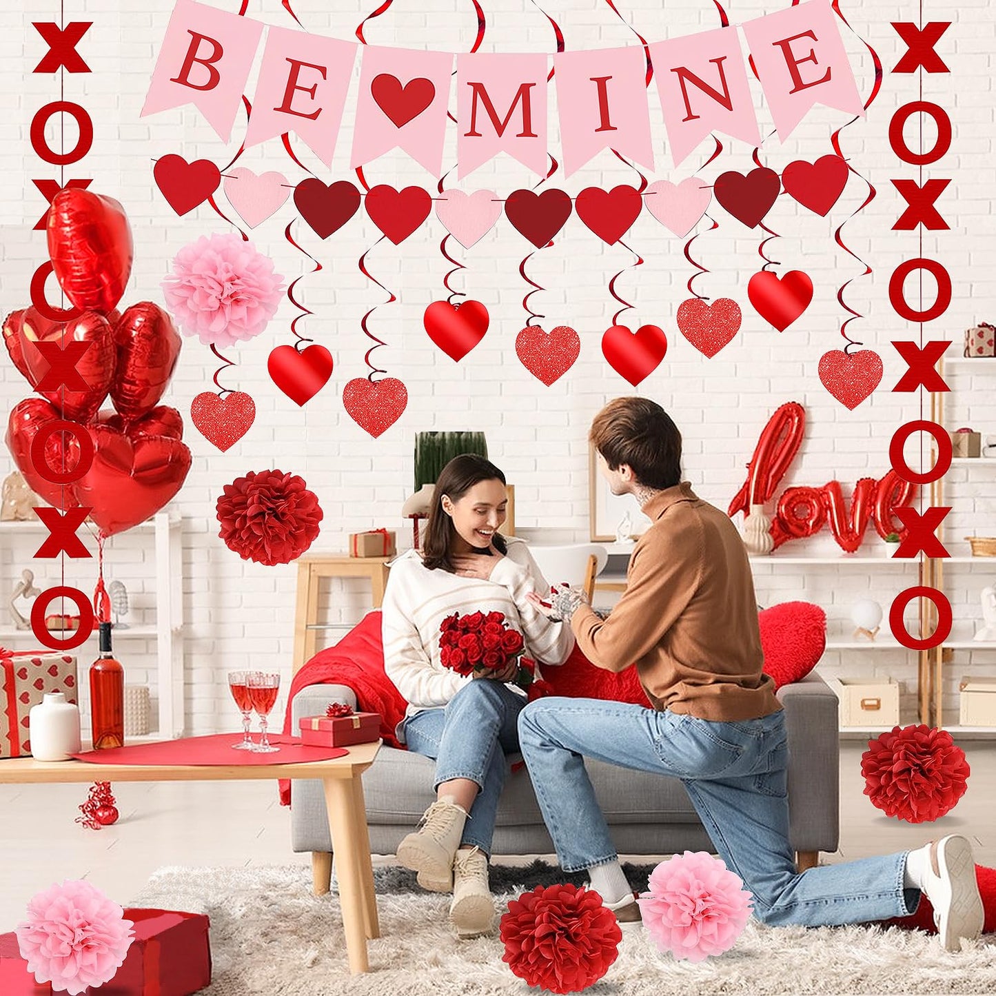 Upgraded Valentines Day Decorations Set Pre-Assembled Hanging Heart Swirls,BE Mine Banner,Heart XO