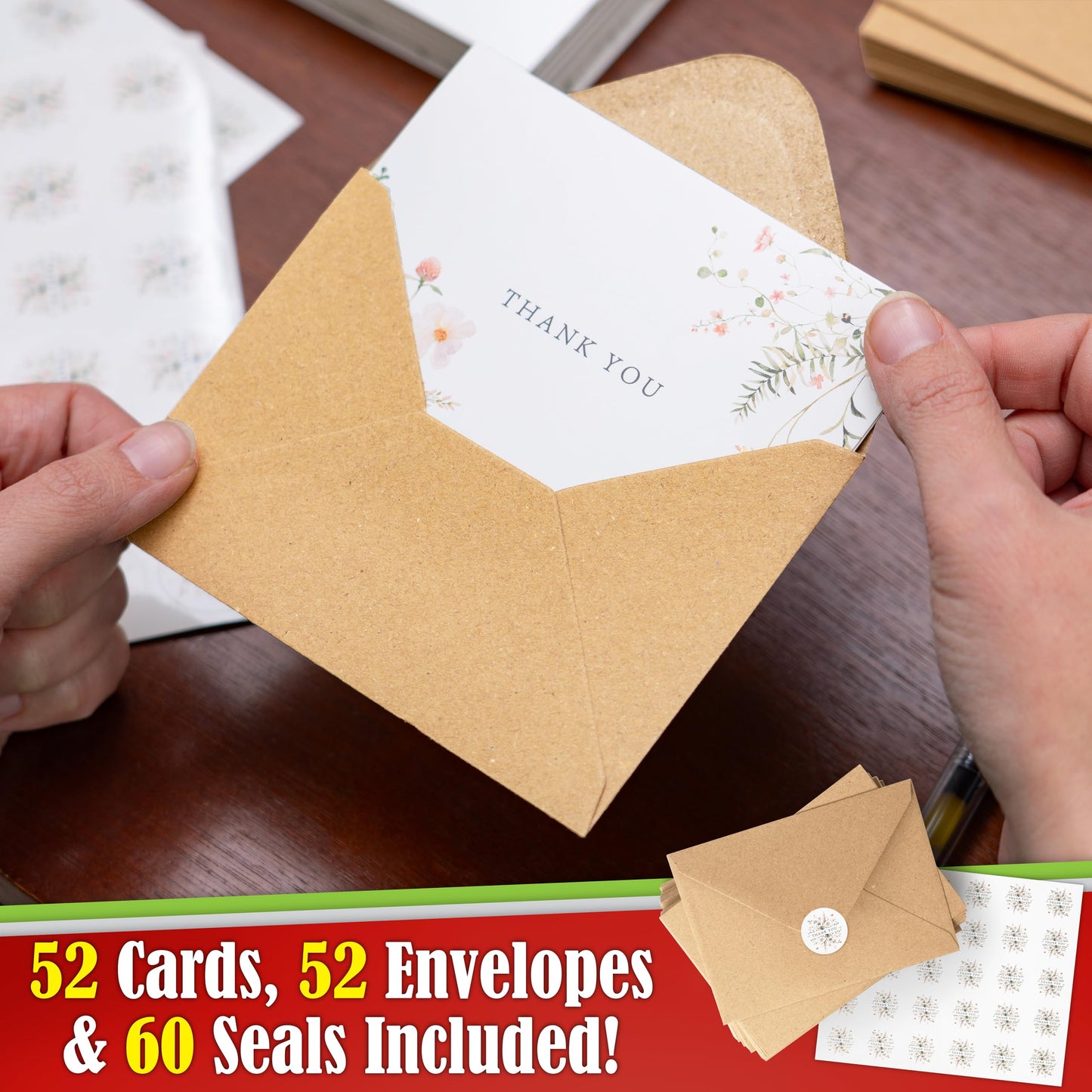 52-pack Floral Thank You Cards Bulk with Kraft Envelopes & Matching Stickers, 3.5x5 Inches, 6
