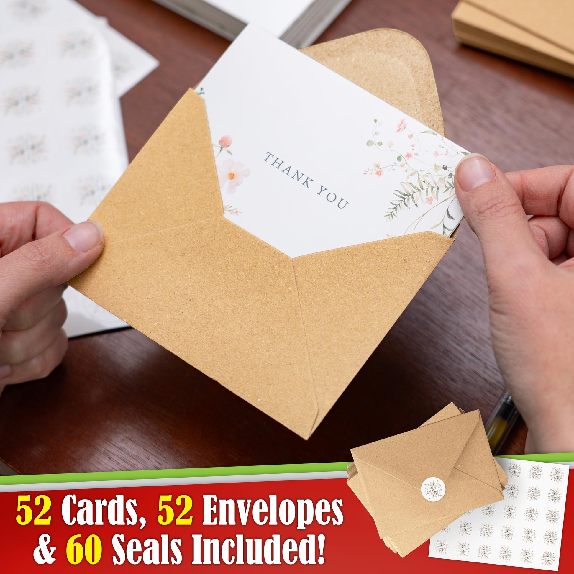 52-pack Floral Thank You Cards Bulk with Kraft Envelopes & Matching Stickers, 3.5x5 Inches, 6