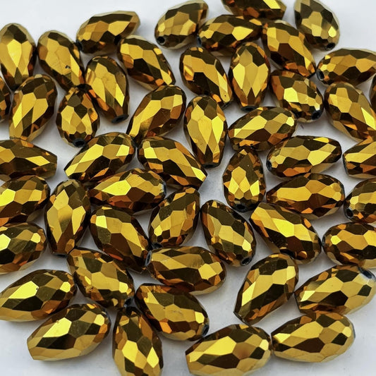 130pcs 6x8mm Teardrop Crystal Glass Beads for Jewelry Making, Faceted Vertical Hole Teardrop Glass Spacer Beads for Wind Chimes Bracelet Earring Necklace DIY Craft(Gold)