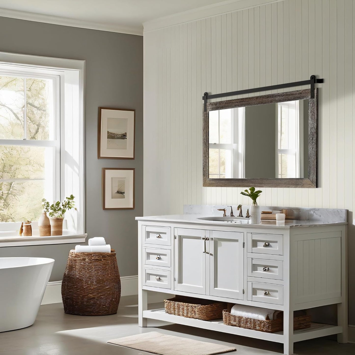 COGOOD Farmhouse Barn Door Mirror - 41" x 26" Rustic Wood Framed Wall Mirror for Bathroom, Living Room, Entryway Wall Decor (Speckled White)