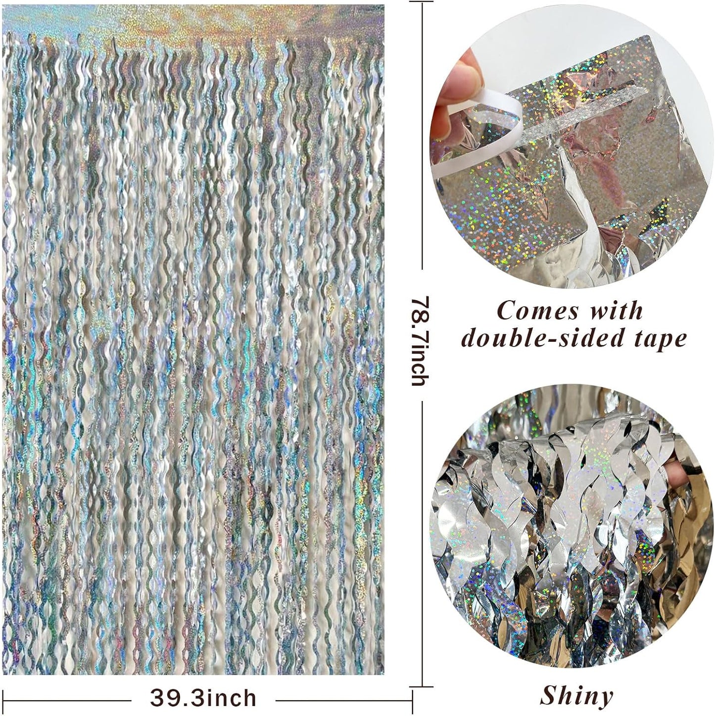 2 Pack Silver Backdrop Curtain Tinsel Streamers Sparkle Metallic Wavy Foil Fringe Photo Booth Props for Birthday Graduation Bachelorette New Year Christmas Wedding Disco Party Decorations