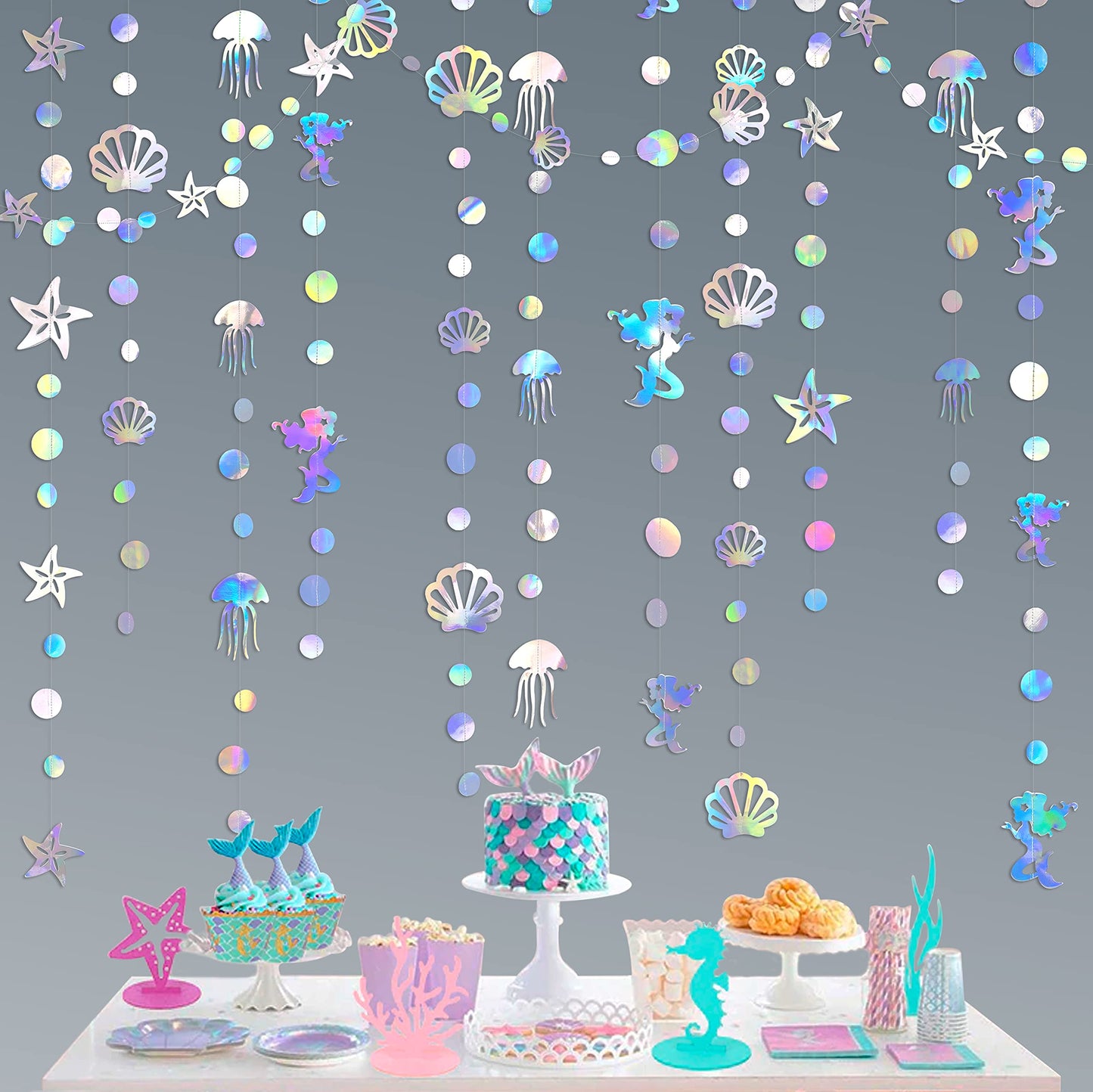 40 Ft Iridescent Mermaid Garland with Jellyfish SeaShell Starfish Pearl Holographic Paper Streamer