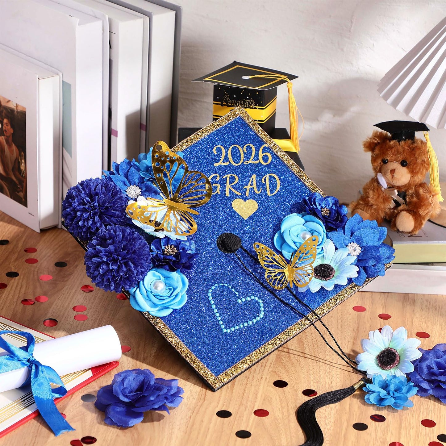 Wavwavw 43 PCS DIY Graduation Cap Decorations Kit, Grad Cap Decorations Included Faux Flowers 3D