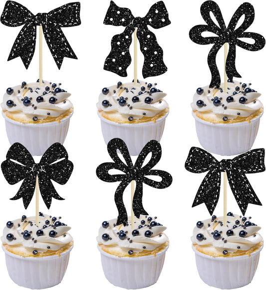 Ephlyn 24Pcs Bow Cupcake Toppers Bow Birthday Cake Topper Girls Birthday Party Decorations Bowknot Cupcake Decorations for Bridal Baby Shower Birthday Wedding Themed Party Black
