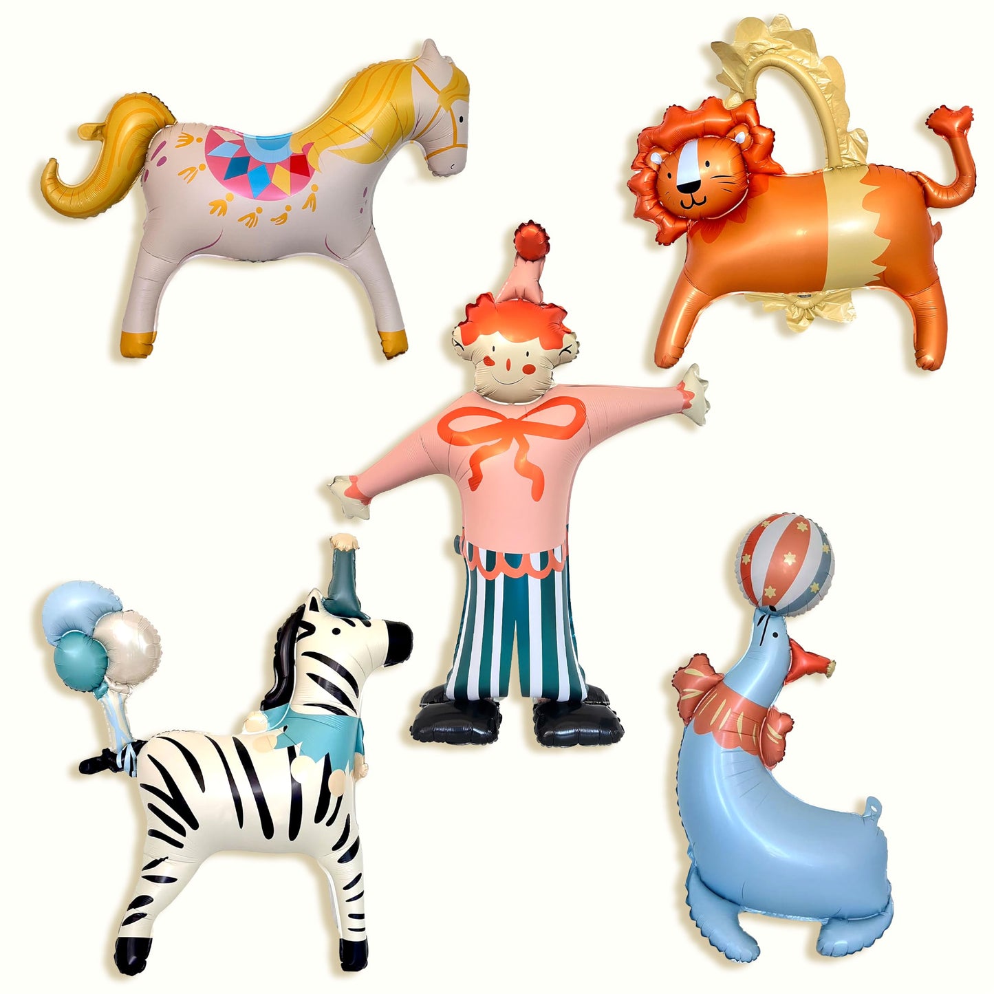 GELOUBO Circus Theme Party Balloons Set, 5PCS Large Standing animal Balloons – Clown, Lion, Sea