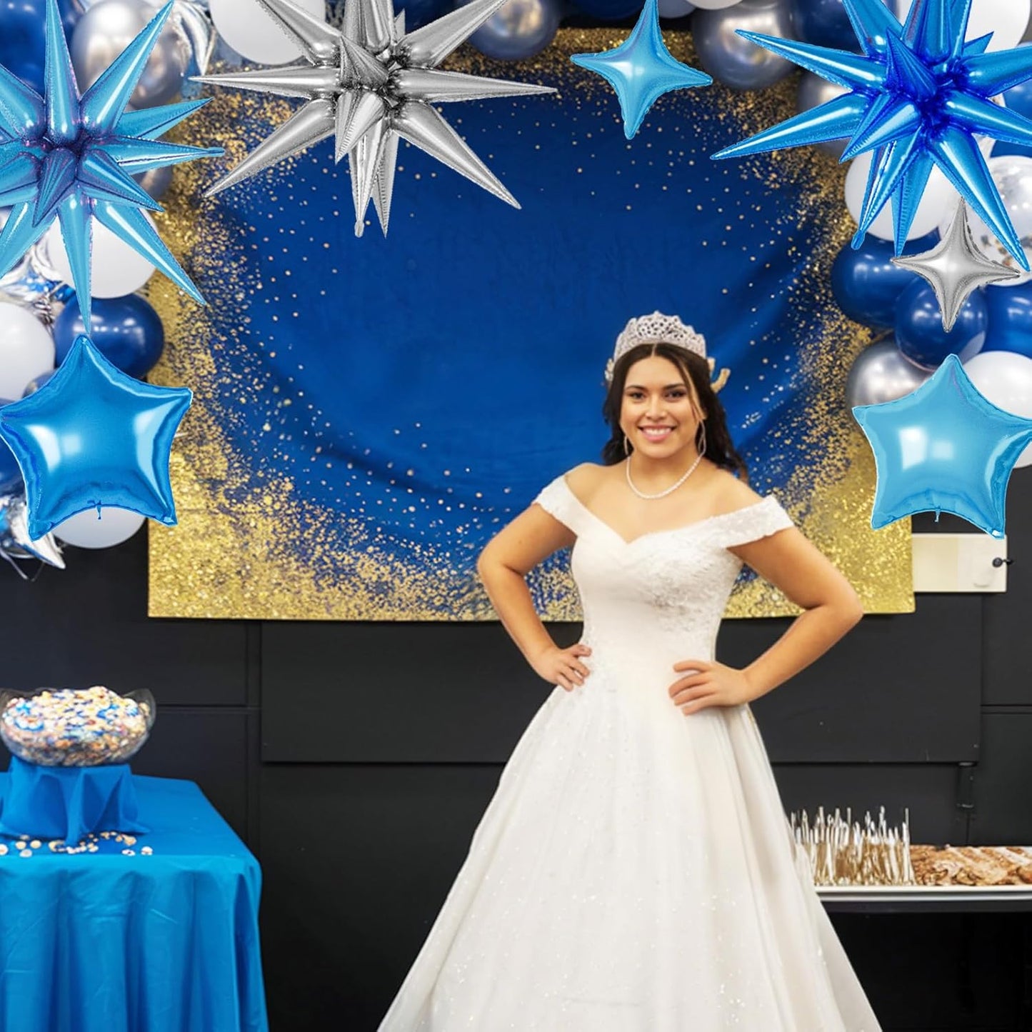 16 Pcs Blue Silver Star Balloons, 22/18/10 Inch Foil Balloons, Four-Pointed Balloon for Kids Boy Men Birthday Graduation Wedding Baby Shower Party Decorations