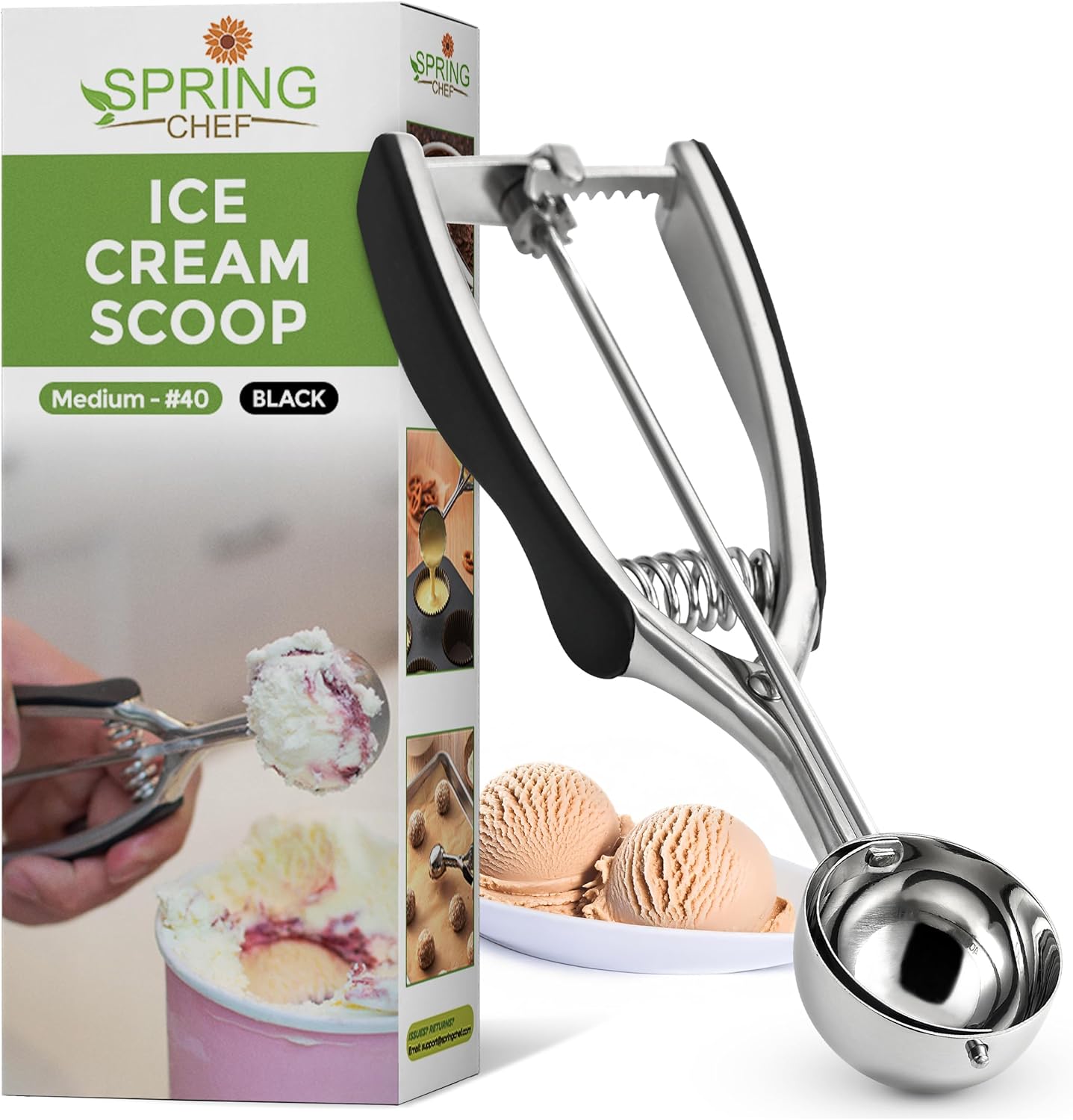 Spring Chef Medium #40 Stainless Steel Cookie Scoop for Baking - Multifunctional Cookie Dough Scoop with Trigger Release, 1.7 Tablespoon Food Scooper for Kitchen - Dishwasher Safe Melon Baller - Black