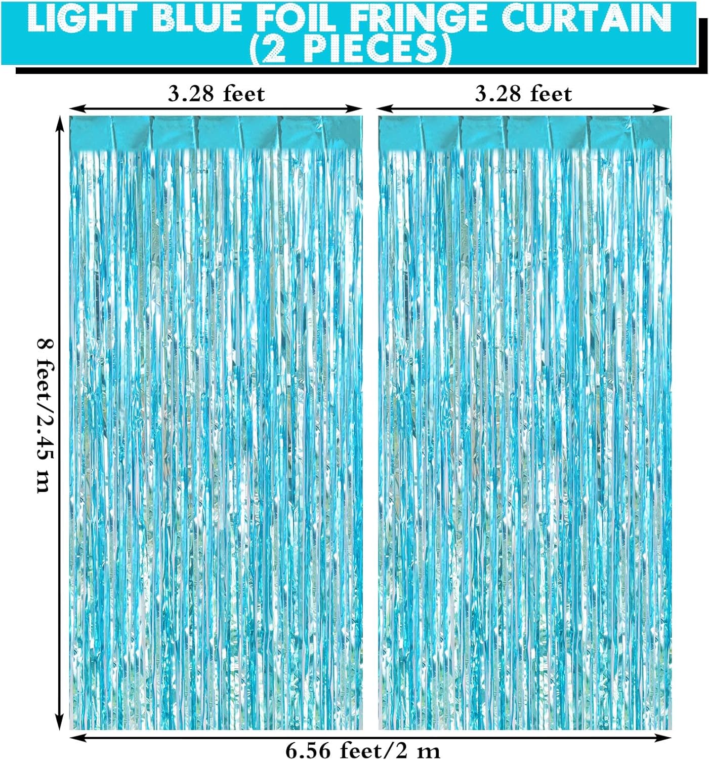 2 Pack Light Blue Fringe Curtains Foil Shiny Fringe Backdrop Tinsel Door Streamers Foil Curtains for Birthday Wedding Engagement Bridal Shower Celebration Party Decorations Large