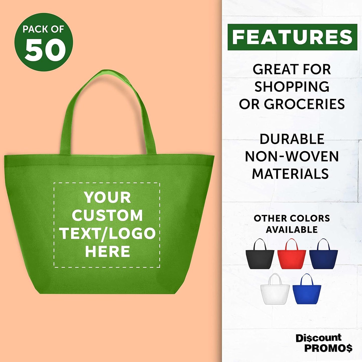 DISCOUNT PROMOS Custom Southern Style Grocery Tote Bags Set of 50 - Personalized Bulk Pack, Reusable Grocery & Shopping Bags - Great for Travel, Business Promotions - Lime Green - 20"X13"X8"