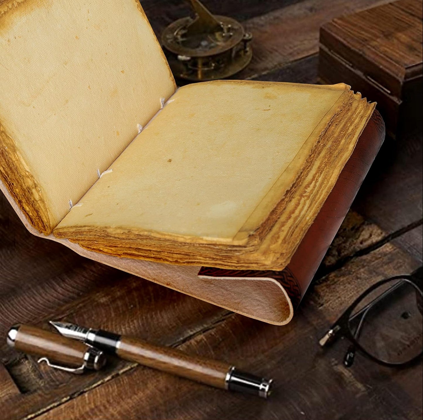 cuero 3 Moon Blue Lapiz Embossed Vintage Leather Journal for Men & Women - 140 Pages, Antique Handmade Deckle Edge Vintage Paper, Leather Journal Writing Notebook Dairy Gift (7 inch by 10 inch, Brown)