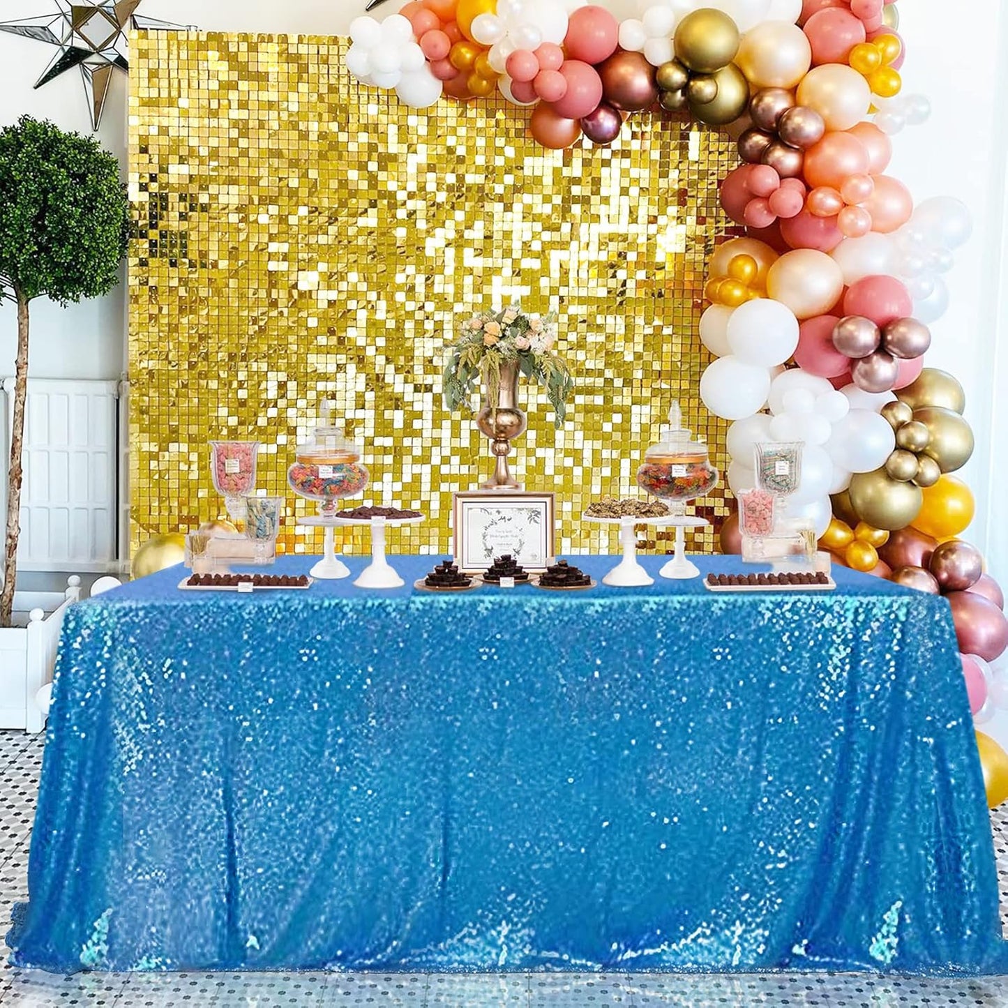 QueenDream Aqua Blue Tablecloth 60 x 102 Inch Sequin Tablecloth for Party Decorations Glitter Tablecloth for Bridal Baby Shower Wedding