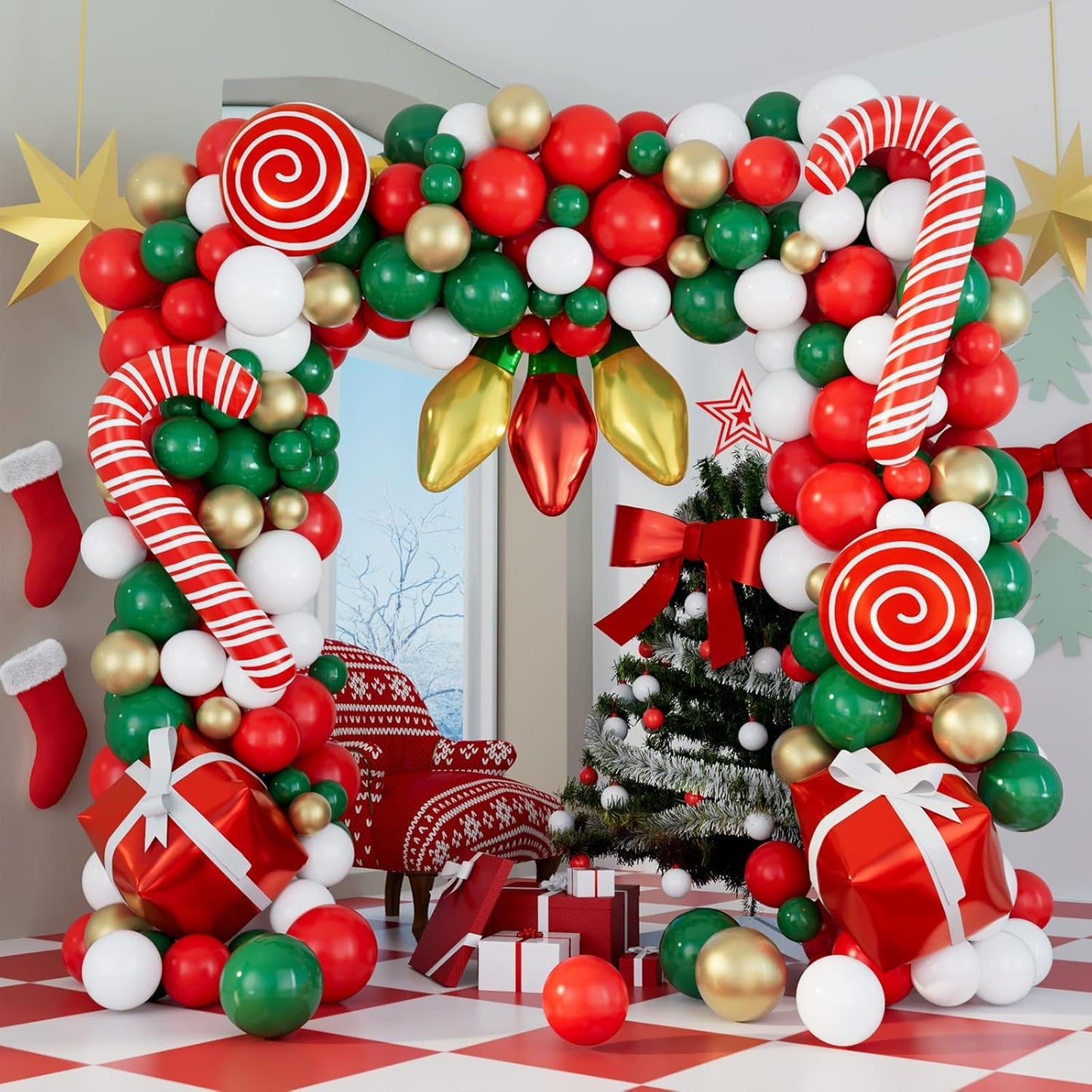 DBKL Balloons 152Pcs Garland Kit for Christmas, Red, White, Green, Gold, Candy Cane, Gift Box