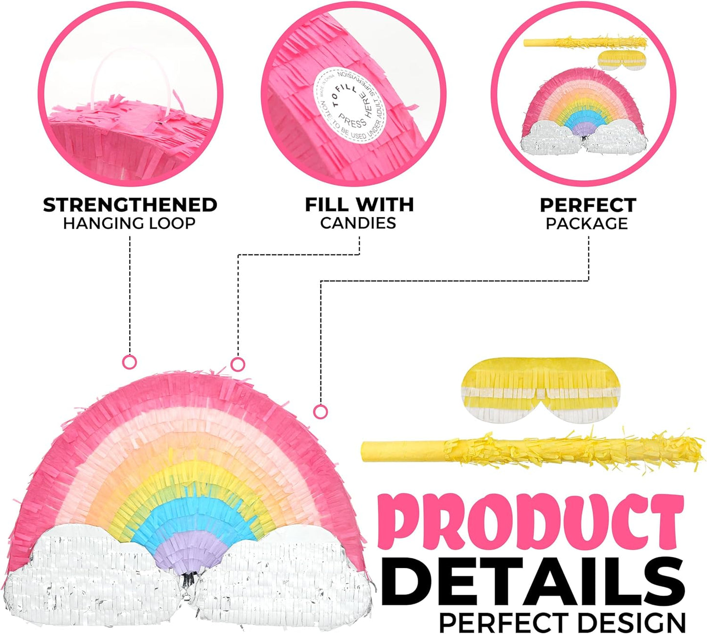 Rainbow Pinatas Bundle with a Blindfold and Bat (16.5x8.5x3.5 Inches), Rainbow Pinatas for Girls Birthday Parties Girl, Perfect for Unicorn Party, Theme Party, Decoration