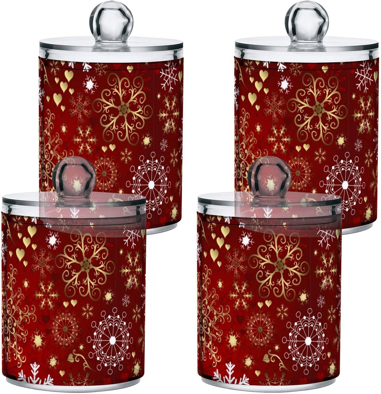 Gredecor Christmas Winter Qtip Holder Dispenser 2 Pack Gold and White Snowflakes Apothecary Jars with Lids Bathroom Vanity Countertop Canister Storage Organizer for Cotton Ball,Swabs,Pads,Floss