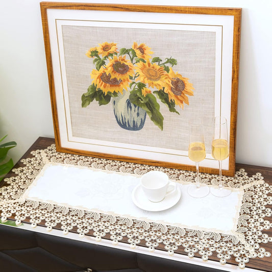 Beige lace Premium Rectangle Farmhouse Tablerunner Waterproof OilProof SpillProof AntiShrink Soft Wrinkle Resistant Decorative Fabric Table Cover Kitchen Dinning Party Wedding banque