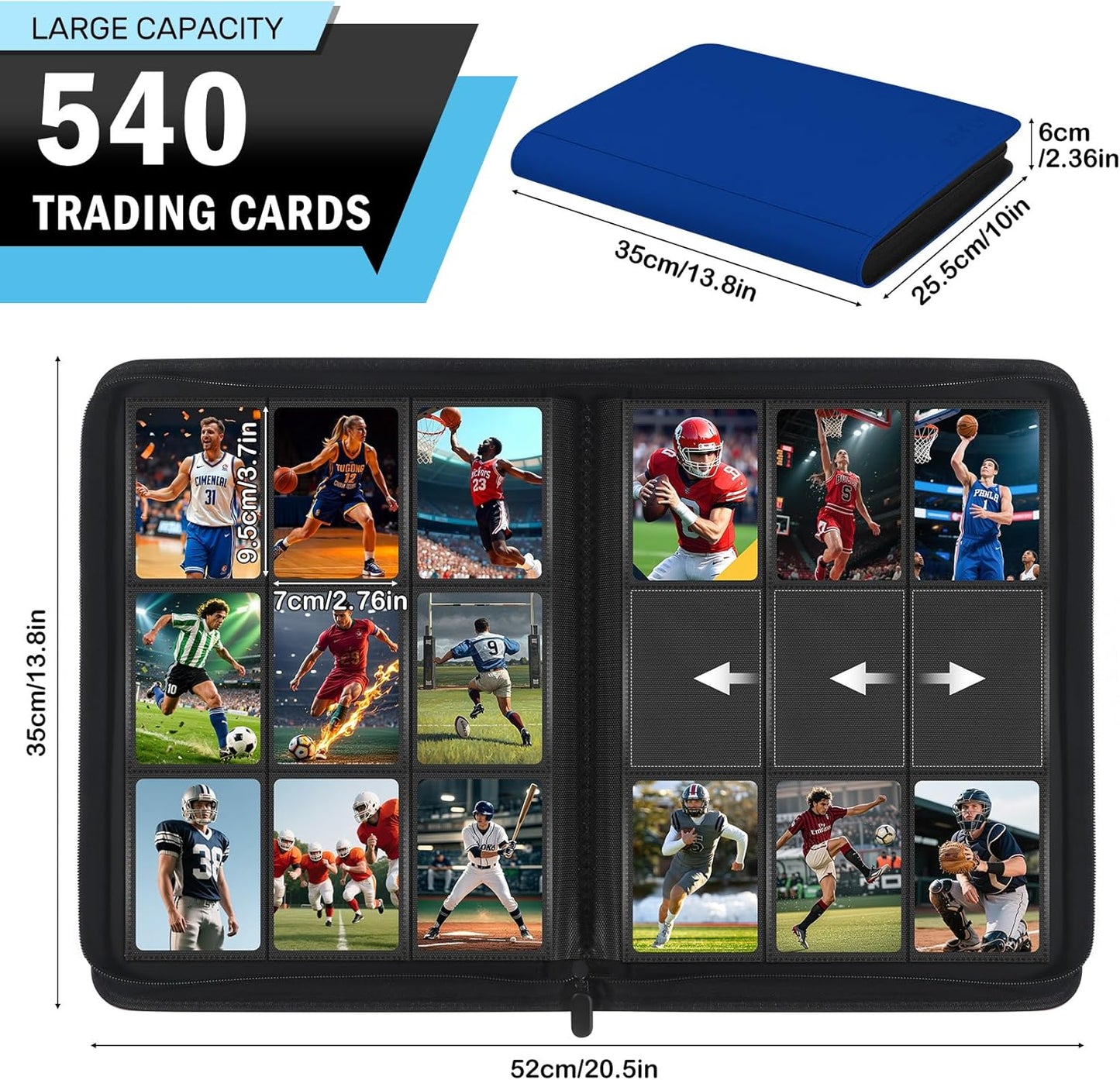 9 Pocket Trading Card Zip Binder, 30 Pack Side-Loading Card Album, Ringless Card Binder with Premium Textured Faux Leather Cover, 540 Cards Folder for Collectible Game, MTG, TCG, Sports Cards, Blue