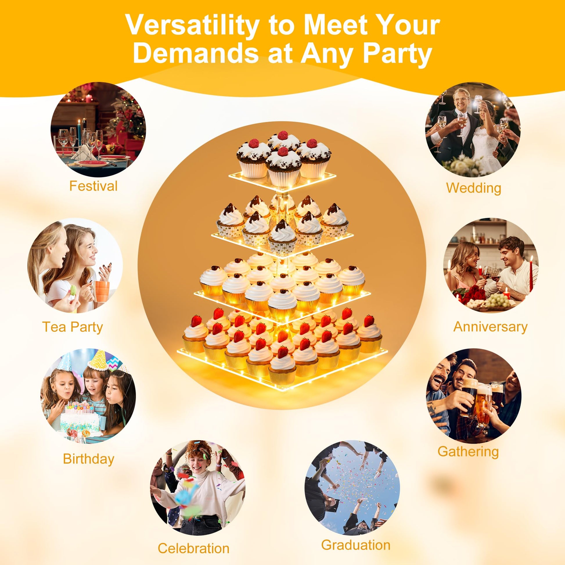 YestBuy Cupcake Stand with Yellow LED Lights, 4 Tier Cupcake Stand for 50 Cupcakes, Acrylic Cupcake