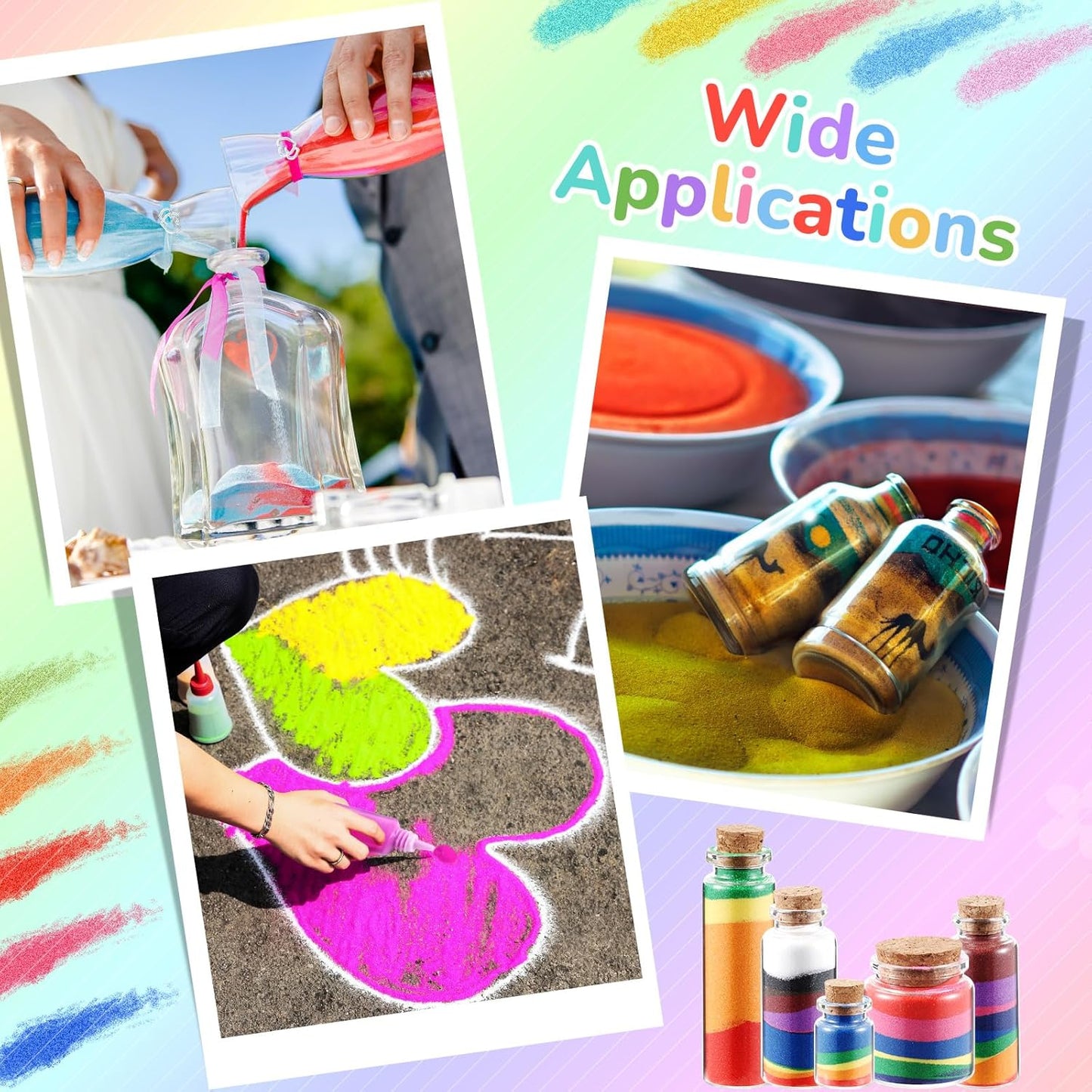 Wettarn 60 Pcs 1.25 oz Sand Art Bottle Kits 60 Colors of Sand and Bottle for Rangoli Art Painting DIY Drawing Favor Diwali Wedding Decoration Vase Glass Crafty Collection (Multicolor)