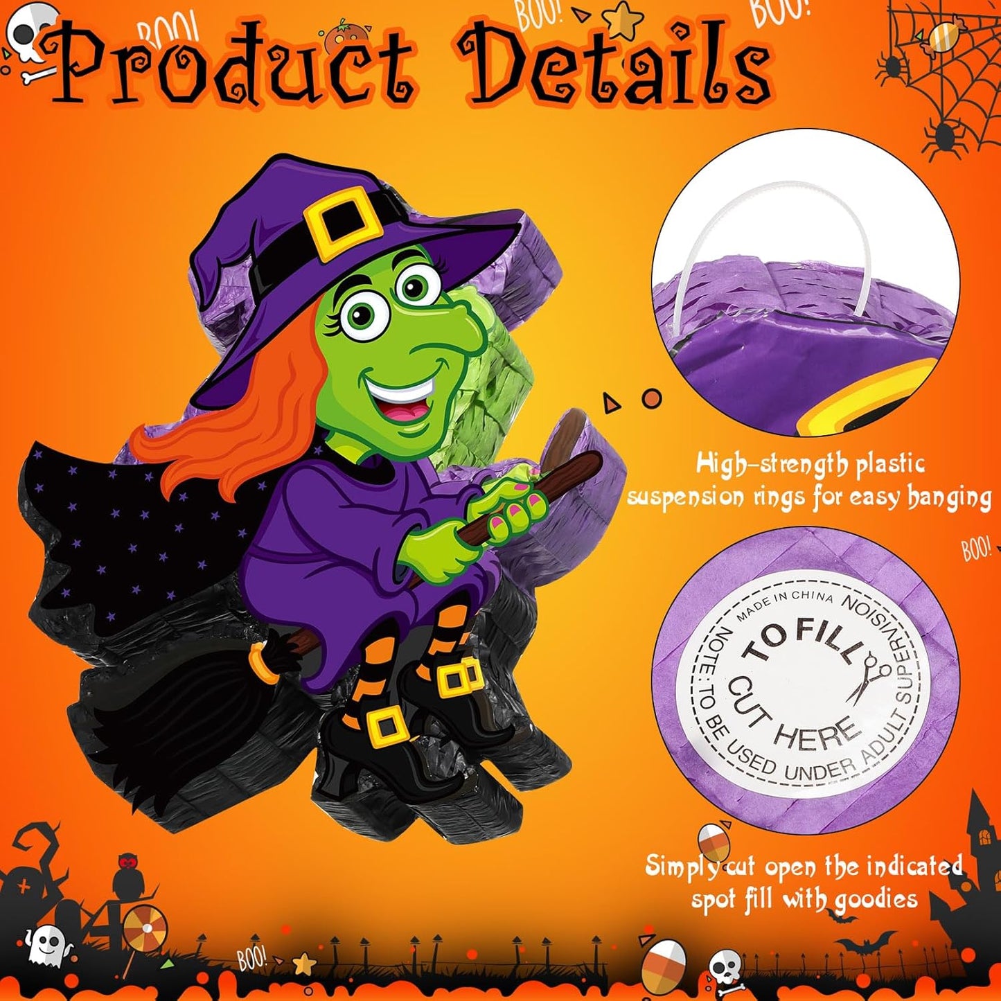 Aoriher Halloween Witch Piñata Halloween Decoration Piñata with Stick Blindfold Candy Filled Piñata for Halloween Mexican Birthday Party Game Supplies