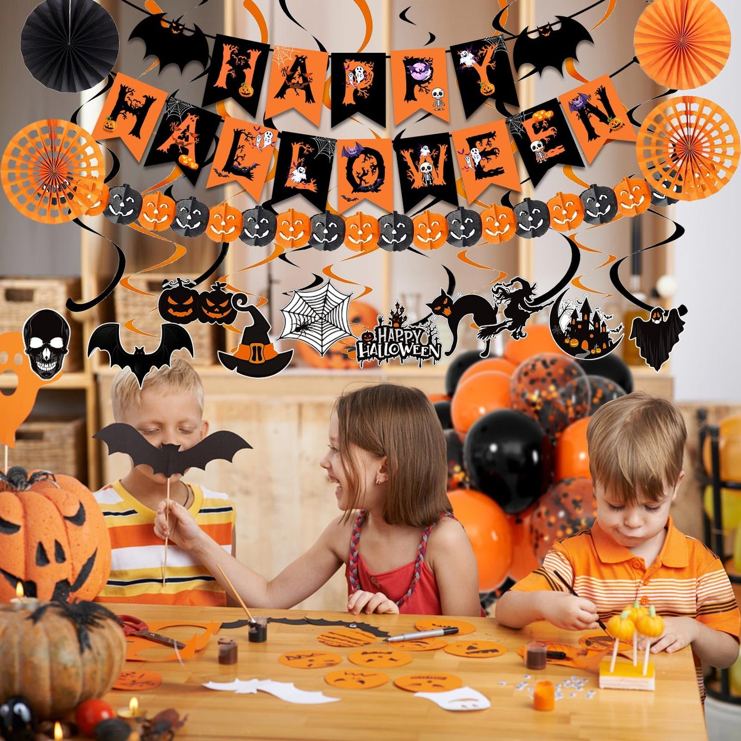 Happy Halloween Trick or Treat Banner Paper Fan Balloons & Swirl Streamers Goul Bat Cat Bird Ghost