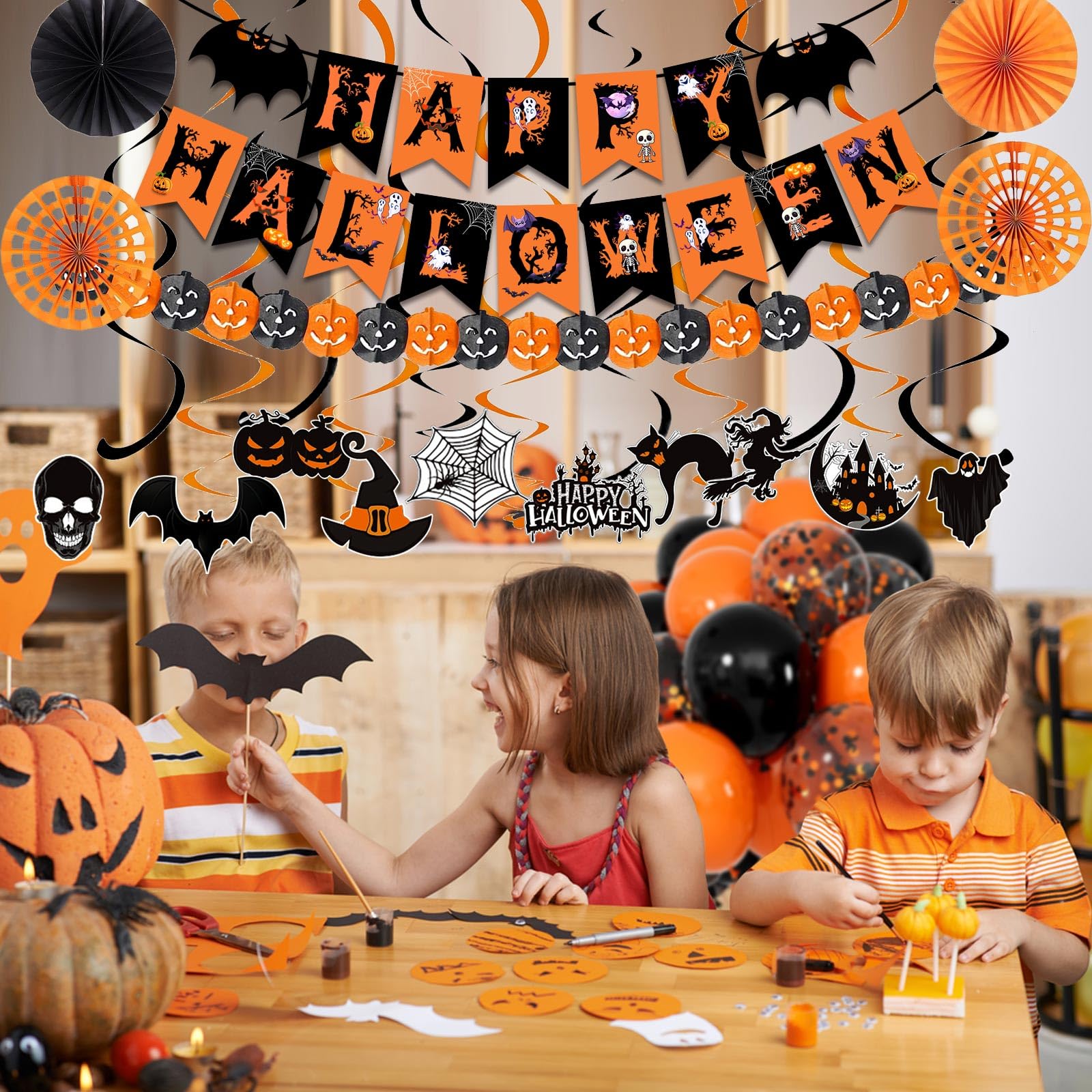 Happy Halloween Trick or Treat Banner Paper Fan Balloons & Swirl Streamers Goul Bat Cat Bird Ghost