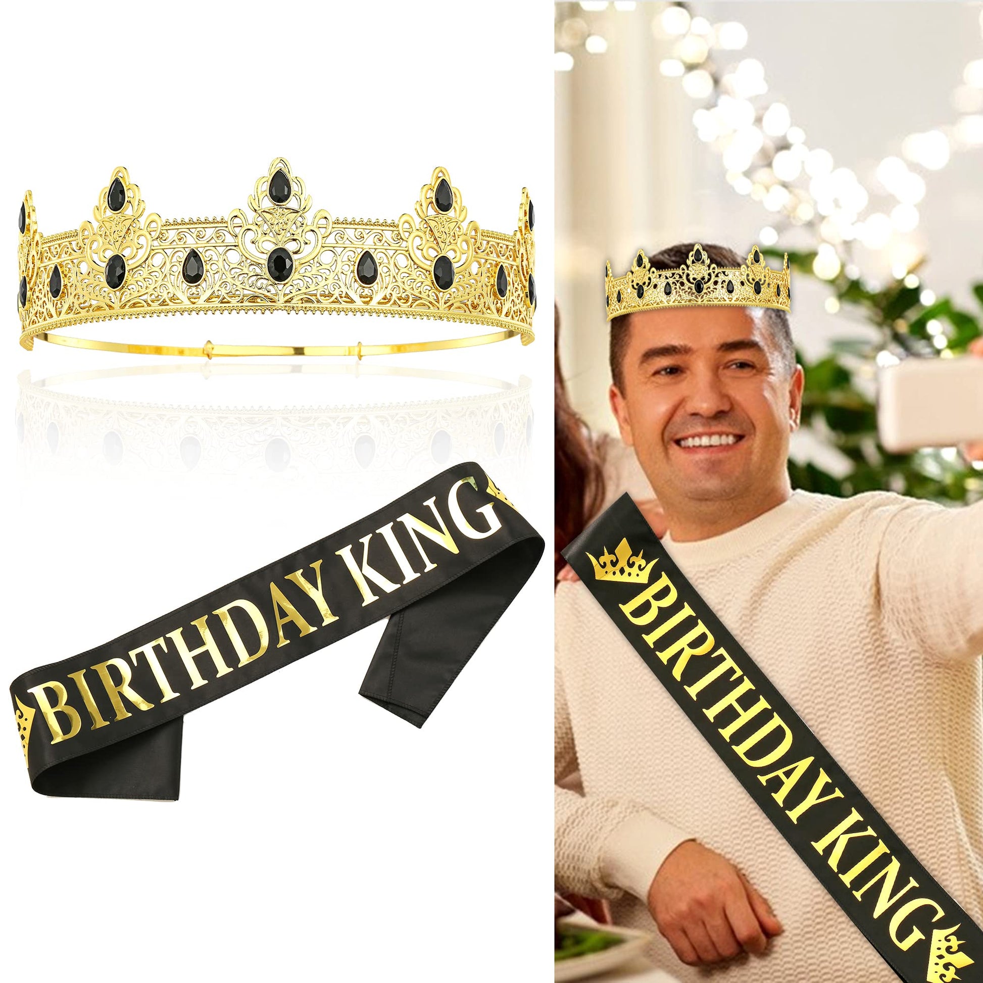 NA King Crown and Birthday Sash, Prom Decoration Gifts for Men (Gold-1)