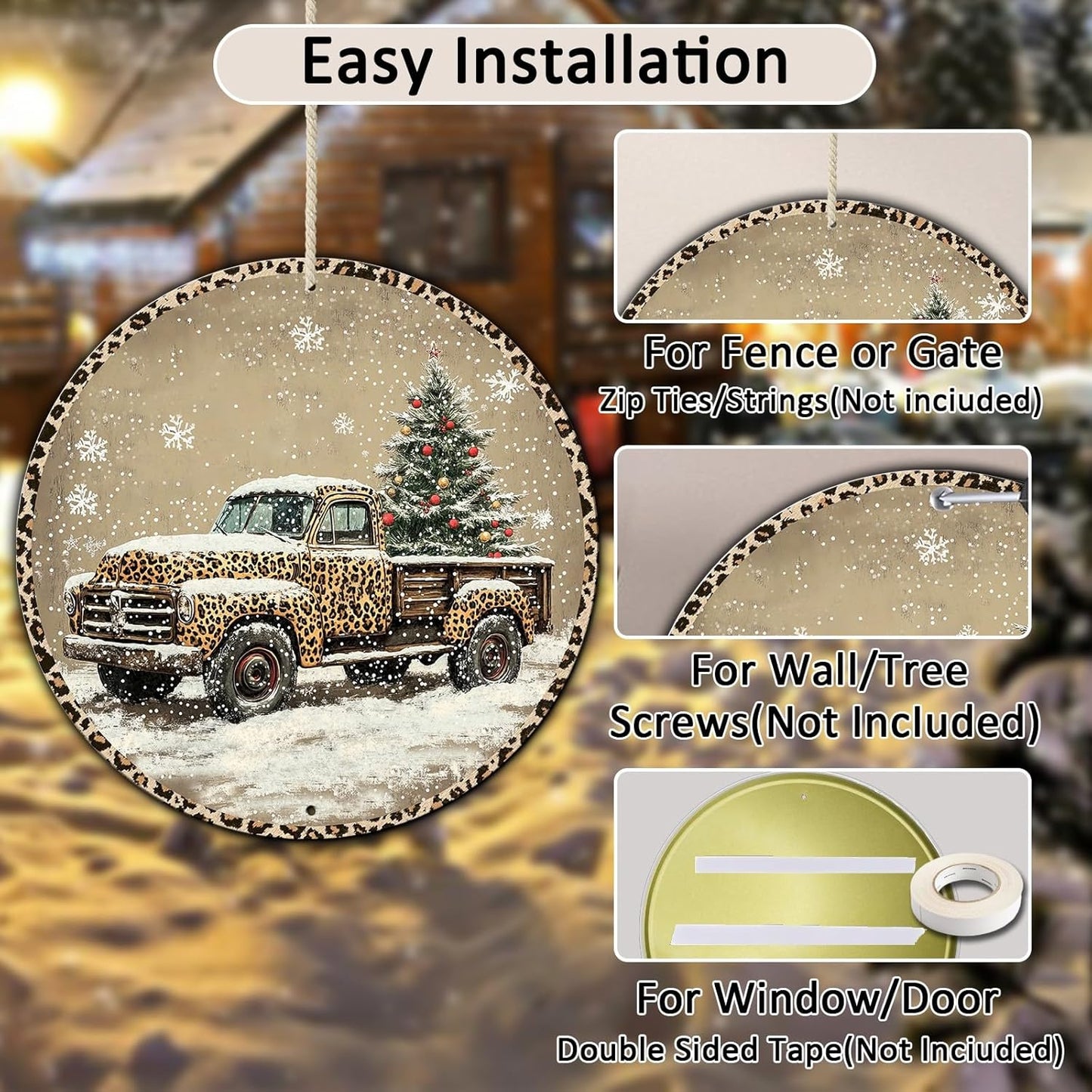 Round Leopard Truck Metal Tin Sign Rustic Wall Decor Christmas Wreath Sign Christmas Wreath Door Hanging Wall Decoration Bar Home Round 12 * 12 in